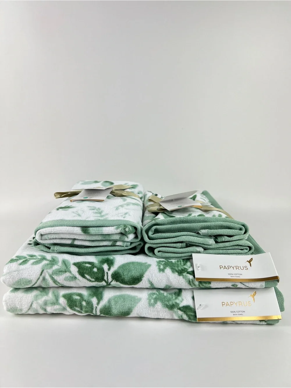 Papyrus Bath Towel Set Green White Floral Botanical Soft Cotton Velour 6 Pc NEW